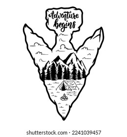Emblema de acampada en forma de punta de flecha. Elemento de diseño para afiche, tarjeta, pancarta, emblema, signo. Ilustración del vector
