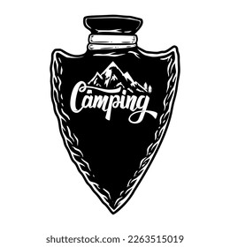 Camping emblem in arrowhead shape. Design element for poster, card, banner, emblem, sign. Vector illustration