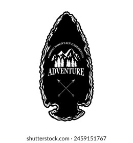 Camping emblem in arrowhead shape. Design element for poster, card, banner, emblem, sign. Vector illustration