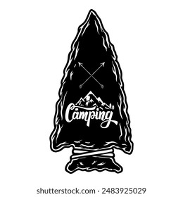 Camping-Emblem in Pfeilspitzenform. Designelement für Plakat, Karte, Banner, Emblem, Schild. Vektorillustration