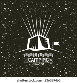 Camping emblem in geometric style with texture. White print on a black background