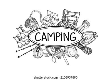 Camping emblem with hand-drawn doodle-style elements. Camera, map, backpack, flashlight, etc. Items for camping and outdoor recreation. Isolated elements on white background.