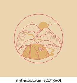 A camping emblem with hand-drawn doodle-style elements. Mountains, tent. Items for camping and outdoor recreation. Isolated element on white background.