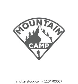 Camping emblem. Monochrome logo of the mountain, forest and traveler