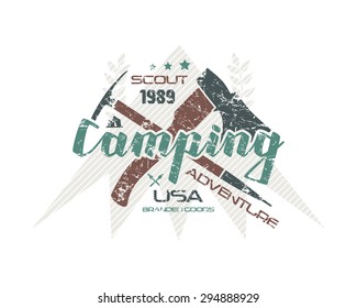 Camping emblem with shabby texture. Graphic design for t-shirt. Color print on white background