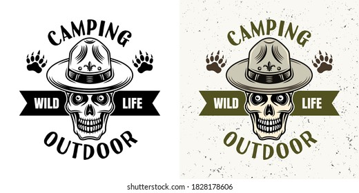 Camping emblem with skull of scout in two styles monochrome and colored vector illustration