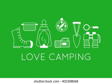 camping emblems with love camping words. Set of white camping equipment icons on green. Vector illustration