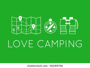 camping emblems with love camping words. Set of white equipment icons on green. Vector illustration
