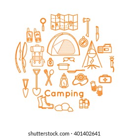 camping emblems and symbols. Set of camping equipment icons. Tourist compass, tent,  fire,  leisure,  map, backpack, fireplace.