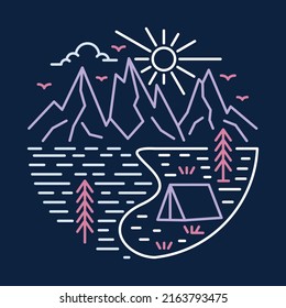 Camping with enjoying view of river and mountains graphic illustration vector art t-shirt design