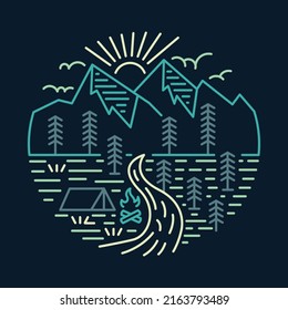 Camping with enjoying view of river and mountains graphic illustration vector art t-shirt design