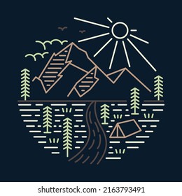 Camping with enjoying view of river and mountains graphic illustration vector art t-shirt design