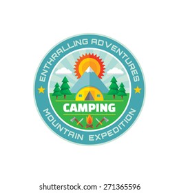 Camping - enthralling adventures - mountain expedition - badge illustration in flat style. Camp summer sgn. Vector logo template. Design element.