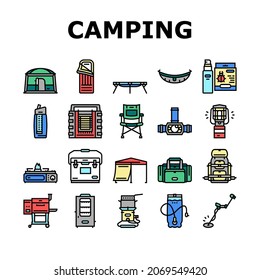 Camping Equipment And Accessories Icons Set Vector. Camp Cooler And Portable Heater, Water Filter And Stove, Canopy And Tent Construction, Hammock And Camping Chair Line. Color Illustrations