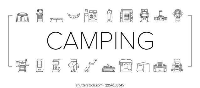 Camping Equipment And Accessories Icons Set Vector. Camp Cooler And Portable Heater, Water Filter And Stove, Canopy And Tent Construction, Hammock And Camping Chair Black Contour Illustrations