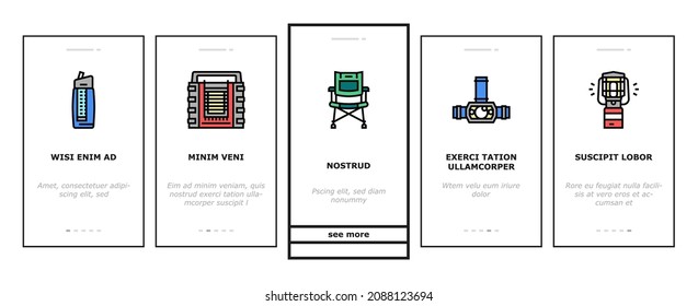 Camping Equipment And Accessories Onboarding Mobile App Page Screen Vector. Camp Cooler And Portable Heater, Water Filter And Stove, Canopy And Tent Construction, Hammock Camping Chair. Illustrations