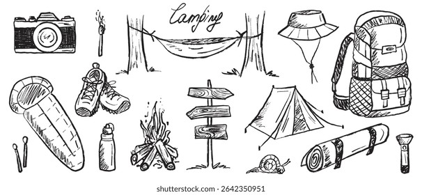 Camping equipment in black brush stroke texture isolated on white. Hand drawn vector sketch illustration in vintage charcoal ink. Tourist kit - sleeping bag, tent, hammock, backpack, bonfire
