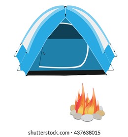 Camping equipment blue camping tent, campfire with stones vector illustration. Camping gear icon set