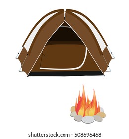 Camping equipment brown camping tent, campfire with stones vector illustration. Icon set