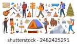 Camping equipment and characters. Hiking, backpacking people and tourists tools, bonfire, tent, guitar and axe flat vector illustration set. Outdoor camping supplies