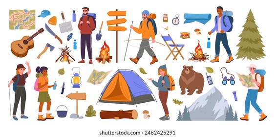 Camping-Ausrüstung und Charaktere. Wandern, Rucksacktouristen und Touristenutensilien, Lagerfeuer, Zelt, Gitarre und Axt Vektorillustration Set. Outdoor-Camping-Zubehör