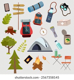 Camping Equipment and Characters. Hiking, Backpacking and Camping Tools, Outdoor Camping Supplies. Illustrations for use in travel blogs, outdoor promotions, motivational posters, printed materials