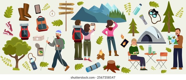 Camping Equipment and Characters. Hiking, Backpacking and Camping Tools, Outdoor Camping Supplies. Illustrations for use in travel blogs, outdoor promotions, motivational posters, printed materials