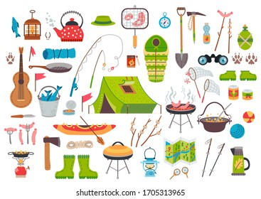 Camping equipment collection. Vector illustration. Autumn hiking forest elements set. Tourist theme.