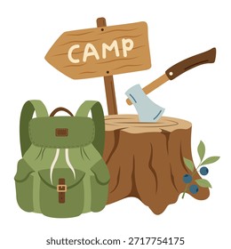Composición del equipo de camping. Mochila verde, tocón de madera con hacha, cartel de campamento y bayas. Ilustración vectorial en estilo plano, aislado sobre fondo blanco.