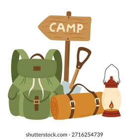 Composición de equipos de camping, Ilustración vectorial. Mochila, colchoneta, linterna de aceite, pala y letrero de madera del campamento, estilo plano con Formas suaves, aislado en un fondo blanco. Senderismo, camping.