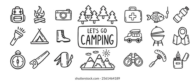 camping equipment doodle hand drawn icon set. Outline drawing camping tourism line clipart symbol collection. Local travel adventure . Vector illustration