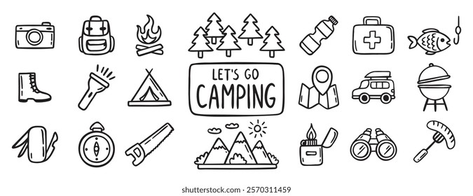 camping equipment doodle hand drawn icon set. Outline drawing camping tourism line clipart symbol collection. Local travel adventure . Vector illustration