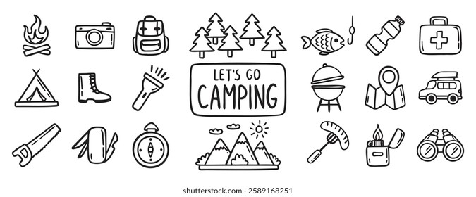 camping equipment doodle hand drawn icon set. Outline drawing camping tourism line clipart symbol collection. Local travel adventure . Vector illustration