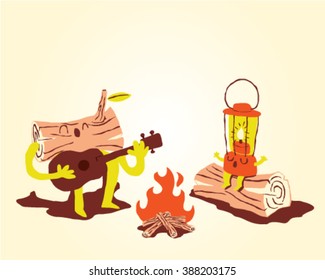 Camping equipment in a fire wood party, campfire with guitar - icon set and info graphics