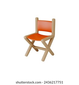 Camping equipment. Folding wooden chair with a soft back in 3D vector illustration on an isolated background. Ideal for the beach, camping and relaxation.