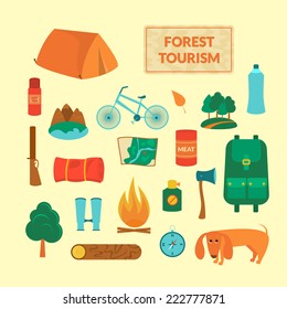 Camping equipment, forest tourism, vector colorful icons set in flat style