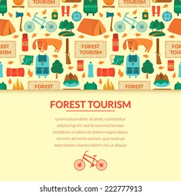 Camping equipment, forest tourism, vector colorful  background in flat style with space for text