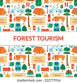 Camping equipment, forest tourism, vector colorful  background in flat style with space for text