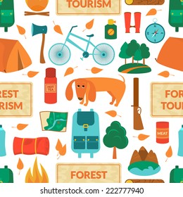 Camping equipment, forest tourism, vector colorful  seamless pattern in flat style