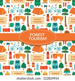 Camping equipment, forest tourism, vector colorful  background in flat style with ribbon and label for text