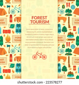 Camping equipment, forest tourism, vector colorful  background in flat style with space for text