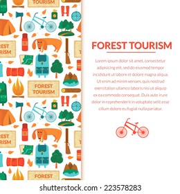 Camping equipment, forest tourism, vector colorful  background in flat style with space for text