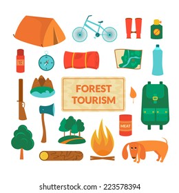 Camping equipment, forest tourism, vector colorful icons set in flat style