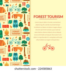Camping equipment, forest tourism, vector colorful  background in flat style with space for text