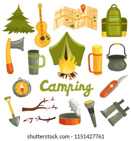 Camping equipment gear gadgets accessories icons set with tent backpack swiss knife binoculars lantern isolated vector illustration 