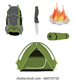Camping equipment green camping tent, campfire with stones, travel backpack and exploration hat, knife vector illustration. Camping gear icon set