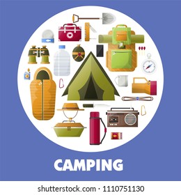 Camping equipment for hiking lovers inside circle poster