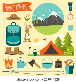 Camping equipment icon set. Bright illustration for your design