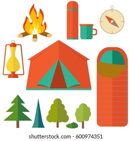 Camping equipment icon set. Campfire, tree, camping tent, thermos, lantern, sleeping bag, compass. Tourist camp tools collection. 