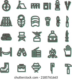 Camping equipment icon set with color shadow